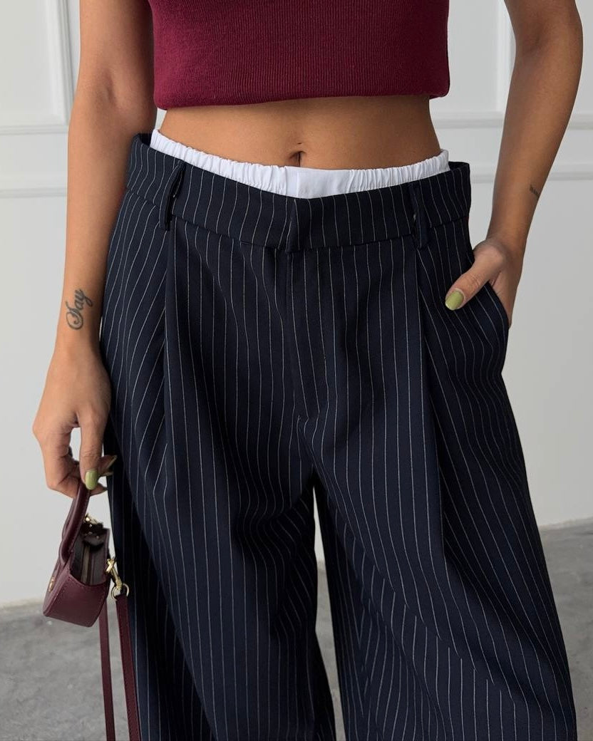 Navy Striped Pants with burgundy line