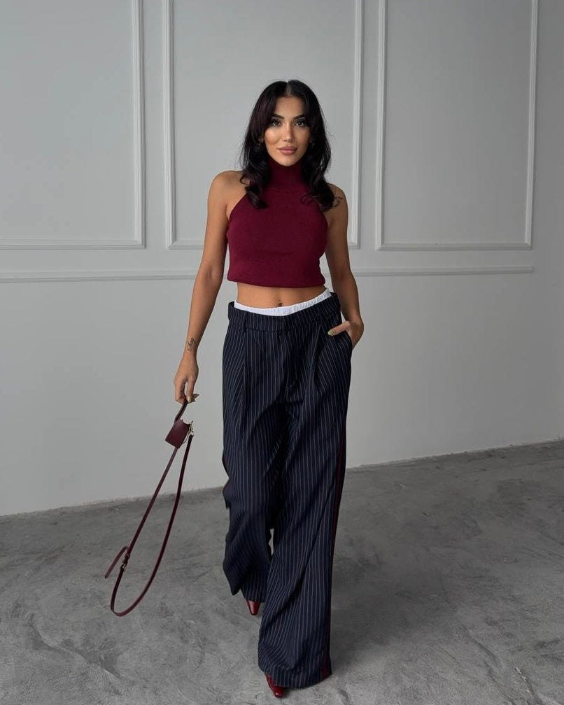 Navy Striped Pants with burgundy line