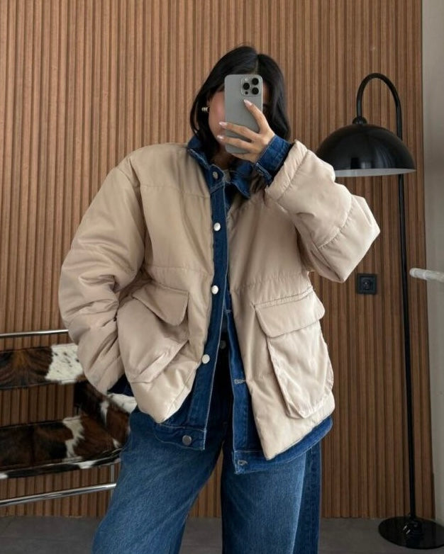 Beige Puffer Jacket with Denim