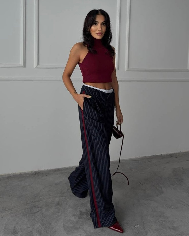 Navy Striped Pants with burgundy line